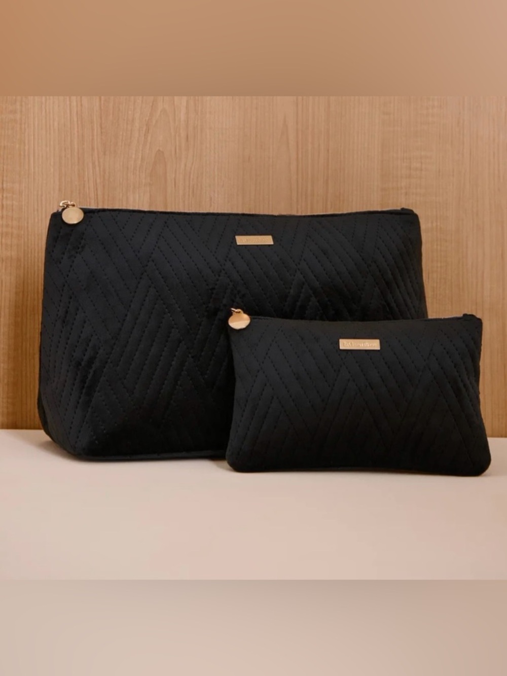La Vie En Rose Black Velvet Quilted Cosmetic Pouch Duo with Gold Accents